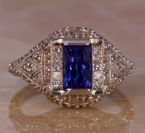 Antique Highly Detailed Ring with Emerald Cut Tanzanite