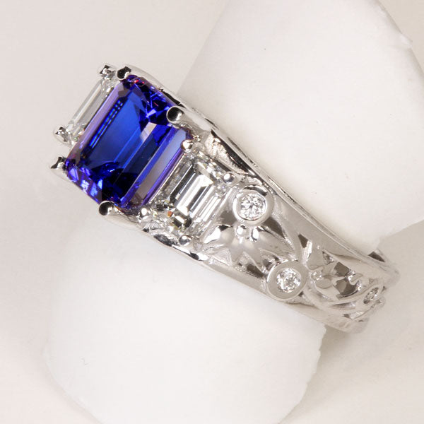 Exceptional Tanzanite and Diamond Three Stone Ring