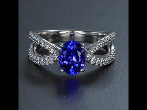 14K White Gold Oval Tanzanite and Double Shank Diamond Ring 1.66 Carats