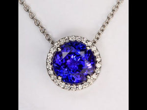 Platinum Round Tanzanite and Diamond Halo Pendant with Chain 2.93cts