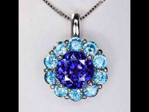 14K White Gold Round Tanzanite with Halo of Blue Zircon Pendant 5.35cts
