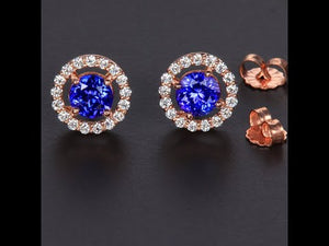14K Rose Gold Tanzanite and Diamond Halo Earrings 1.78 Carats