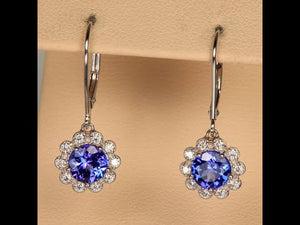 14K White Gold Tanzanite and Diamond Halo Leverback Earrings 1.66cts