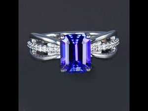 14K White Gold Emerald Cut Tanzanite with Diamonds on Shank Ring 3.10 Carats