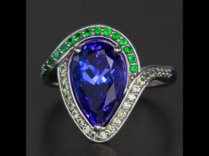 14k White Gold Pear Shape Tanzanite, Tsavorite and Demantoid Ring  3.73 Carats