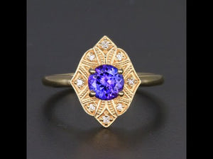 14k Yellow Gold Round Tanzanite and Diamond Ring .93 Carats