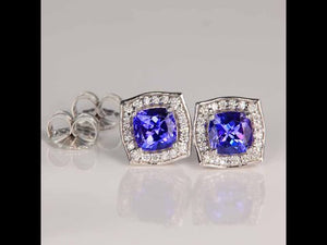 14K White Gold Square Cushion Tanzanite and Diamond Stud Earrings 2.46cts