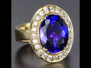 14K Yellow Gold Large Oval Tanzanite and Diamond Halo Ring 7.69 Carats*