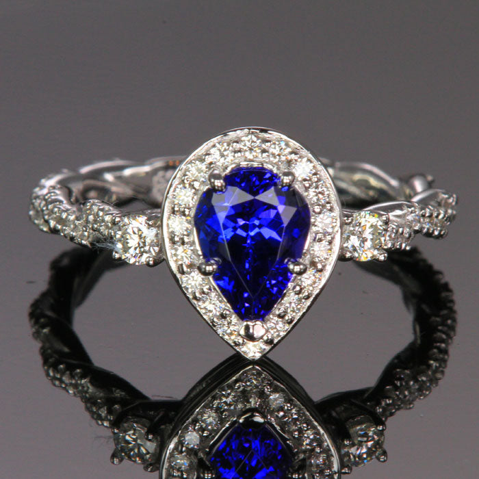 pear shaped tanzanite diamond halo ring