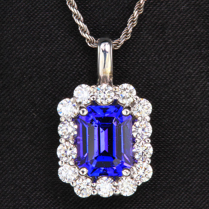 14K White Emerald Cut Tanzanite and Diamond Pendant 2.81 Carats