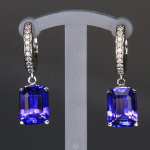 14K White Gold Emerald Cut Huggie Earrings with Diamonds 4.08 Carats