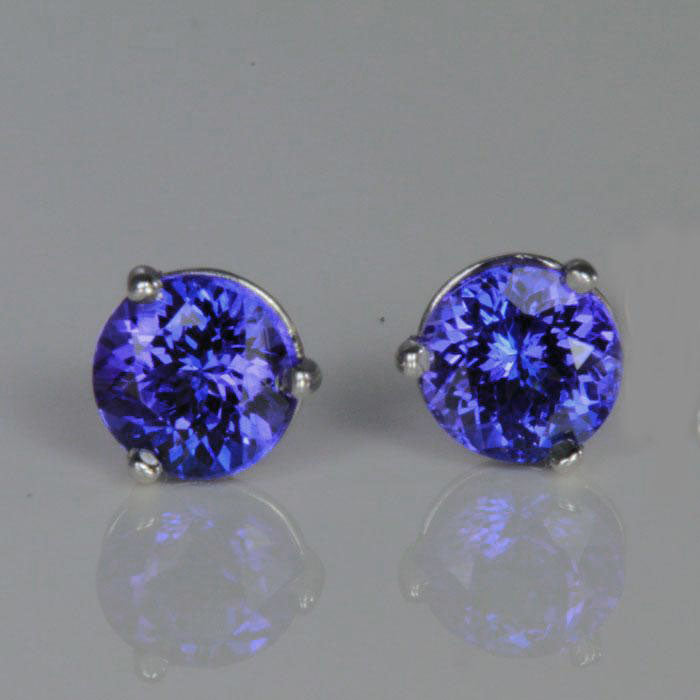 14K White Gold Round Stud Tanzanite 1.81 Carats 6mm