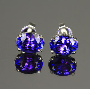 14K White Gold Oval Blue Violet Vivid Tanzanite Stud Earrings 2.45 Carats