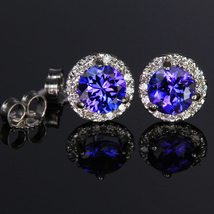 14K White Gold Round tanzanite Stud Earrings with Halo 1.36 Carats