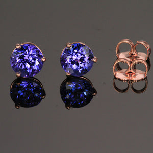 14K Rose Gold Tanzanite Stud Earrings 2.22 Carats 6mm