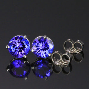 Blue Violet Vivid Round Tanzanite Stud Earrings 1.78 Carats 6mm