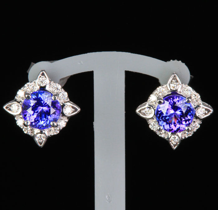 14K White Gold Tanzanite and Diamond Stud Earrings 1.69 Carats