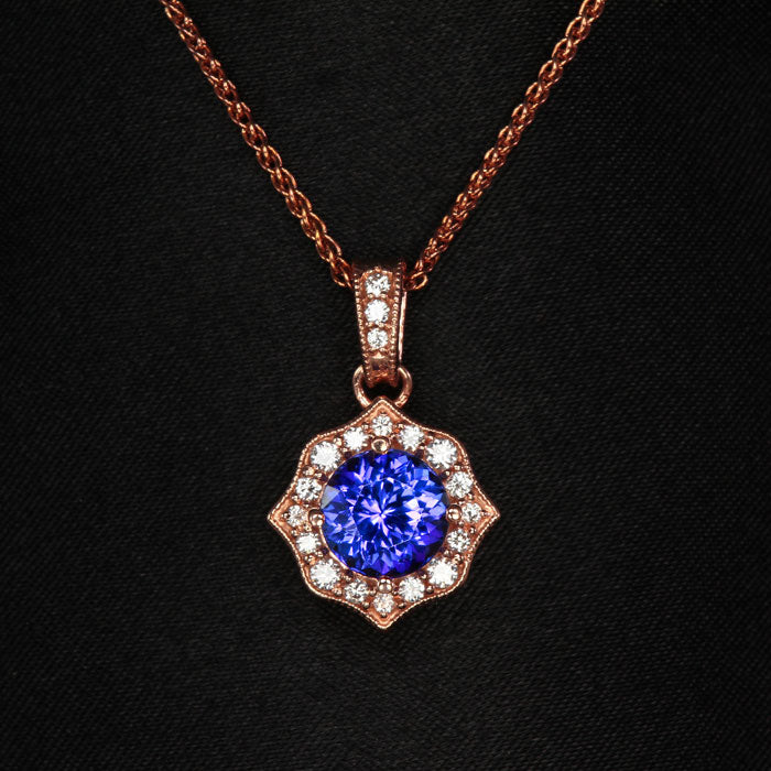rose gold tanzanite diamond halo diamond bail pendant