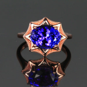 14K Rose Gold Blue Violet Exceptional Oval Tanzanite Ring 4.49 Carats