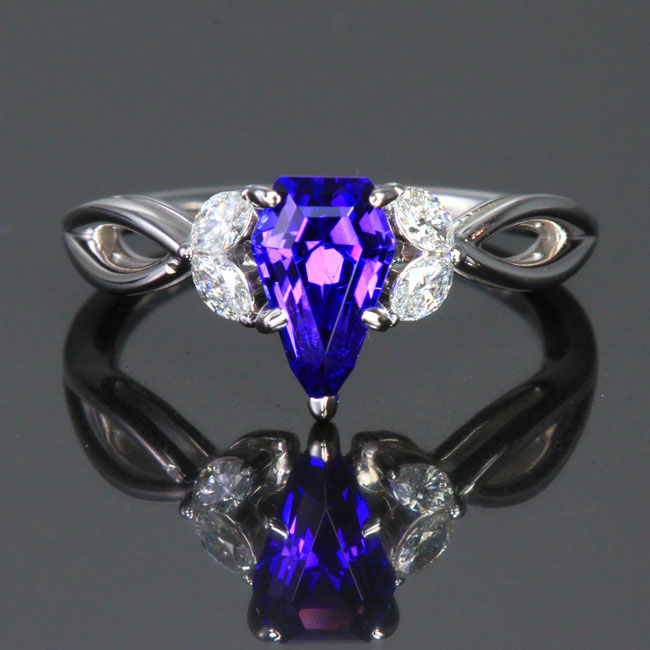14K White Gold Kite Shape Tanzanite & Diamond Ring