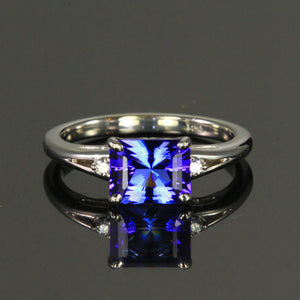 14K White Gold Blue Violet Vivid Barion Style Emerald Cut Tanzanite and Diamond Ring 1.95 Carats