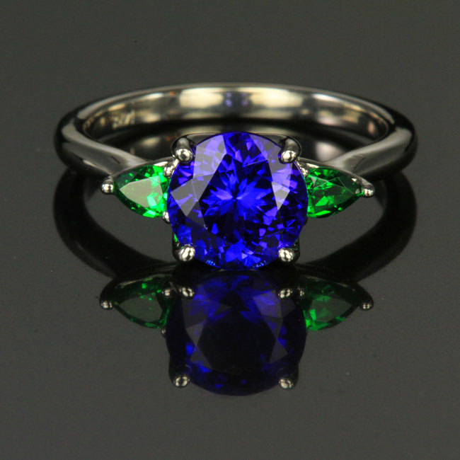 14K White Gold Round Brilliant Tanzanite and Tsavorite Ring 2.46 Carats
