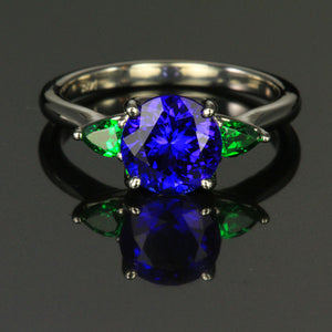 14K White Gold Round Brilliant Tanzanite and Tsavorite Ring 2.46 Carats