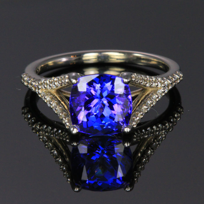 14K White Gold Square Cushion Tanzanite and Diamond Ring 2.56 Carats