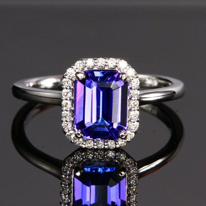 14K White Gold Emerald Cut Tanzanite and Dimaond Halo Ring 1.57 Carats