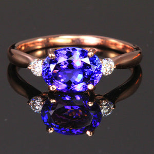 14K Rose Gold Oval Tanzanite and Diamond Ring 2.13 Carats