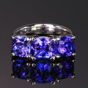 14K White Gold Three Stone Tanzanite Ring 5.30 Carats designed by Steve Moriarty