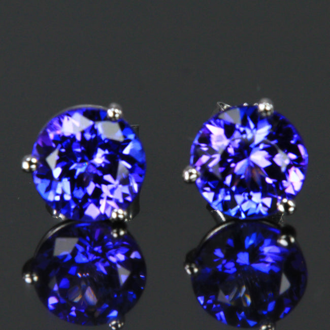 14K White Gold Blue Violet Round Brilliant Tanzanite Stud Earrings 2.79 Carats 7mm