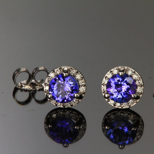 14K White Gold Round Tanzanite and Diamond Halo Stud Earrings .80 Carats 4.5mm