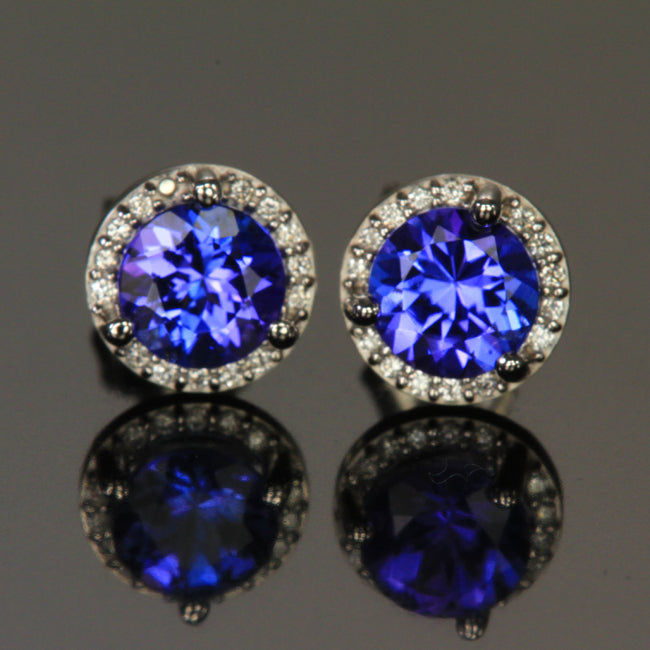 14K White Gold Round Tanzanite and Diamond Halo Stud Earrings 1.22 Carats