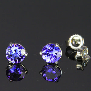 Blue Violet Round Tanzanite Stud Earrings 1.25 Carats