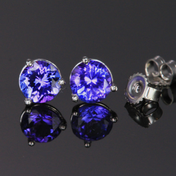 14k White Gold Round Tanzanite Stud Earrings 1.71 Carats