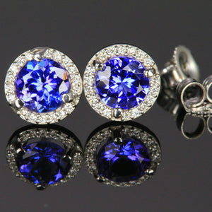 14K White Gold Round Tanzanite and Diamond Halo Earrings 1.22 Carats 5.5mm