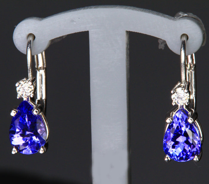 14k White Gold Leverback Tanzanite Earrings with Diamond  1.31 Carats