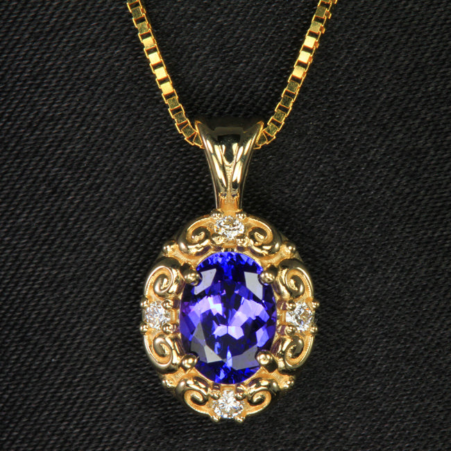 14K Yellow Gold Oval Tanzanite & Diamond Pendant 1.27 Carats