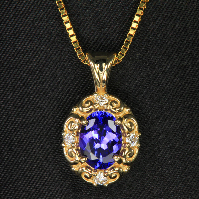 14K Yellow Gold Oval Tanzanite & Diamond Pendant 1.27 Carats