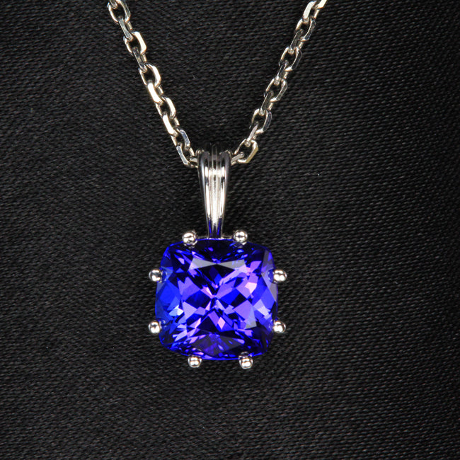 14K White Gold Square Cushion Tanzanite Pendant 3.0 Carats