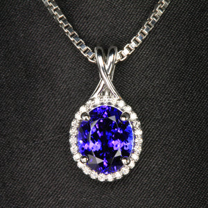 14K White Gold Oval Tanzanite and Diamond Pendant 3.02 Carats