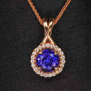 rose gold round tanzanite and diamond halo pendant