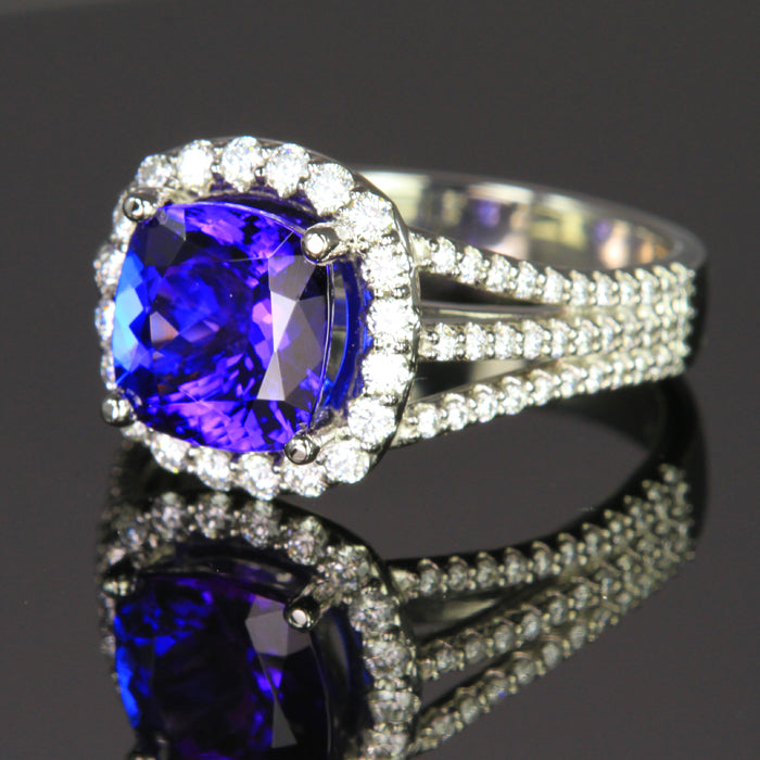Platinum Square Cushion Tanzanite and Diamond Ring 3.33 Carats