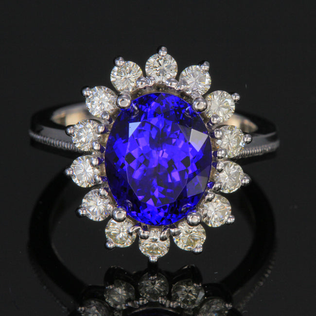 18k White Gold Tanzanite Ring with Halo of Diamonds 4.72 Carats