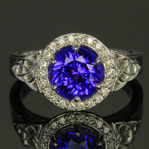 Tanzanite Ring with Halo of Diamonds and Celtic Design