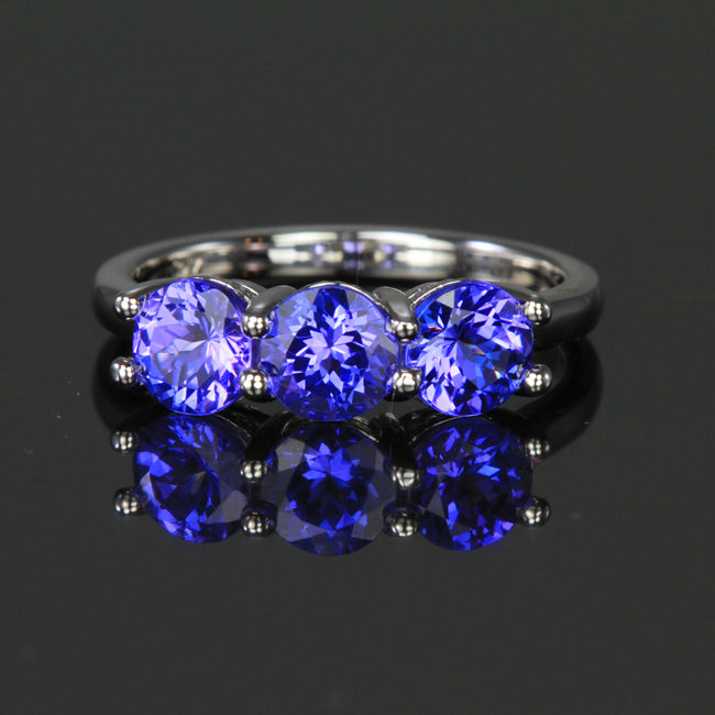 14K White Gold Three Stone Round Tanzanite Ring 2.15 Carats