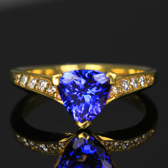 18K Yellow Gold Trilliant Tanzanite and Diamond Ring