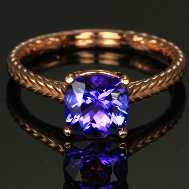 14K Rose Gold Blue Violet Intense Square Cushion Tanzanite Ring