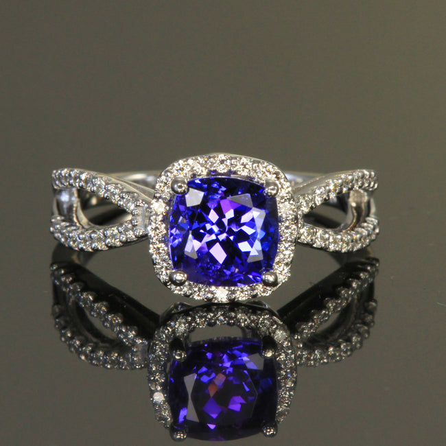 14K White Gold Square Cushion Tanzanite Ring with Diamonds by Christopher Micahel  1.69 Carats